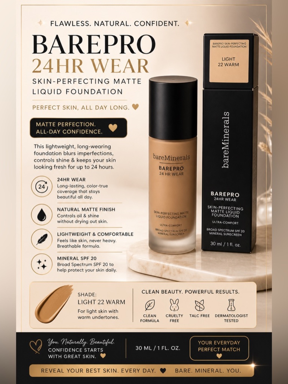 bareMinerals BAREPRO Matte Liquid Foundation — Light 22 Warm (Warm Beige)